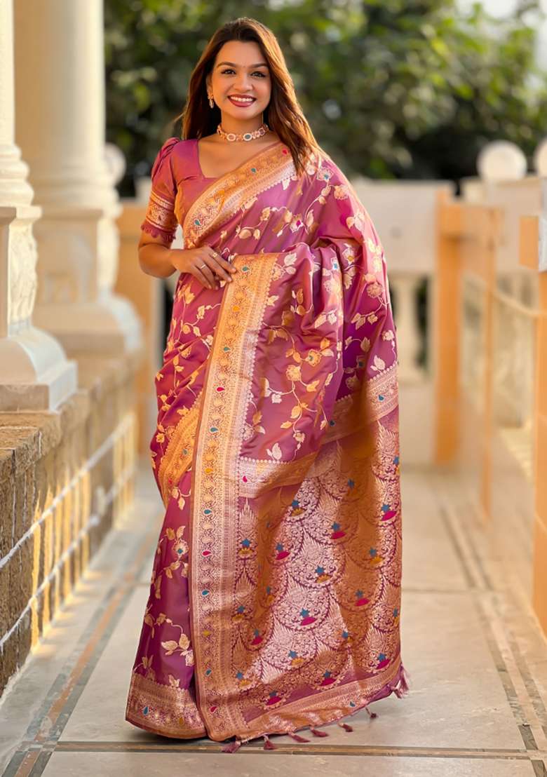 Onion Pink Weaving Silk Saree Set for Diwali | Wedding & Festive Wear - Indya