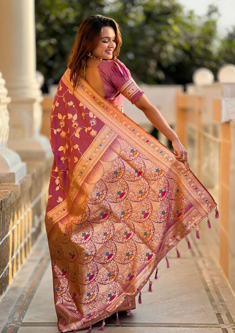 Onion Pink Weaving Silk Saree Set for Diwali | Wedding & Festive Wear - Indya