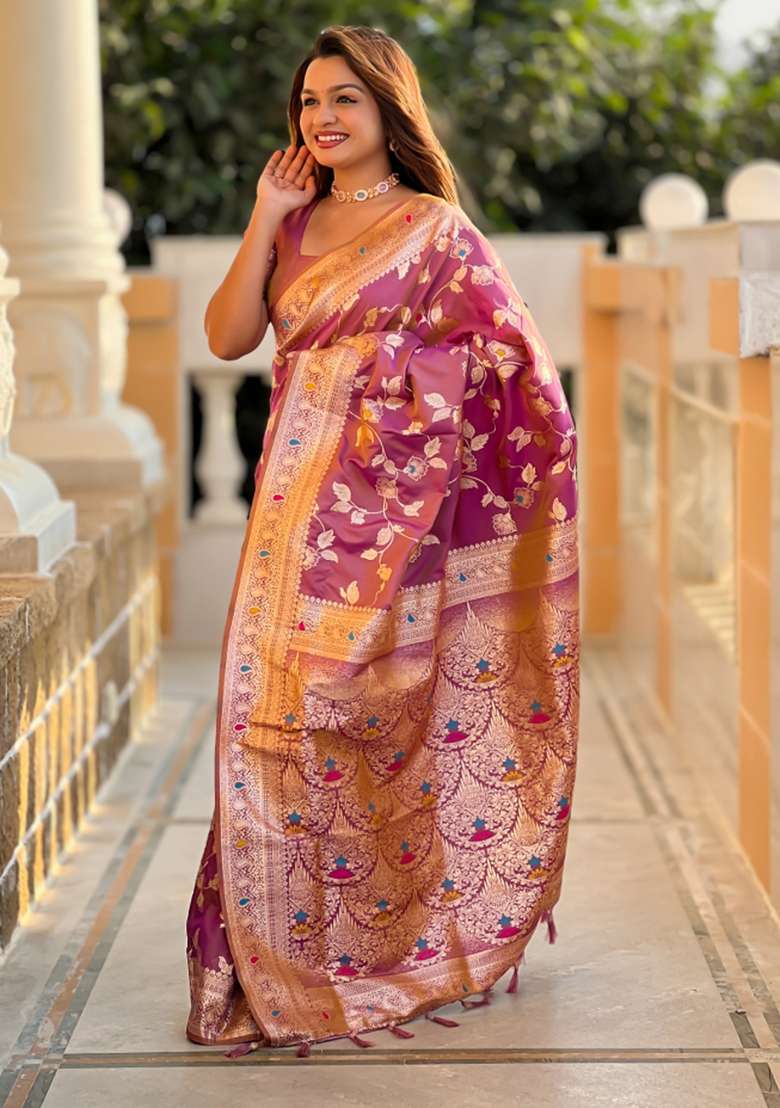 Onion Pink Weaving Silk Saree Set for Diwali | Wedding & Festive Wear - Indya