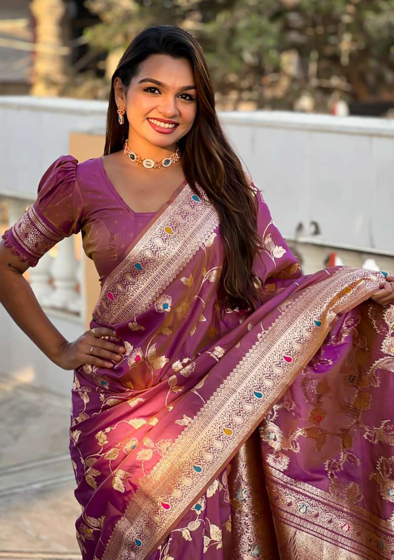 Onion Pink Weaving Silk Saree Set for Diwali | Wedding & Festive Wear - Indya