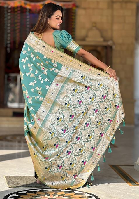 Pista Green Weaving Silk Saree Set