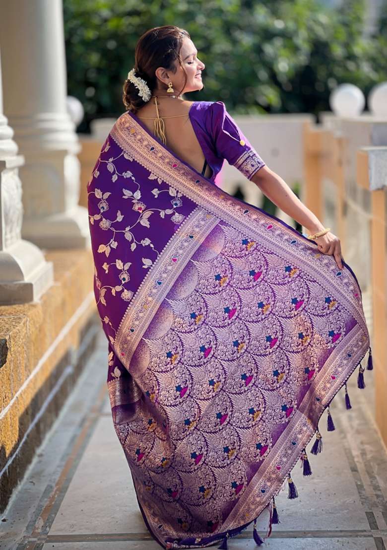 Purple Weaving Silk Saree Set for Diwali | Wedding & Festive Wear - Indya
