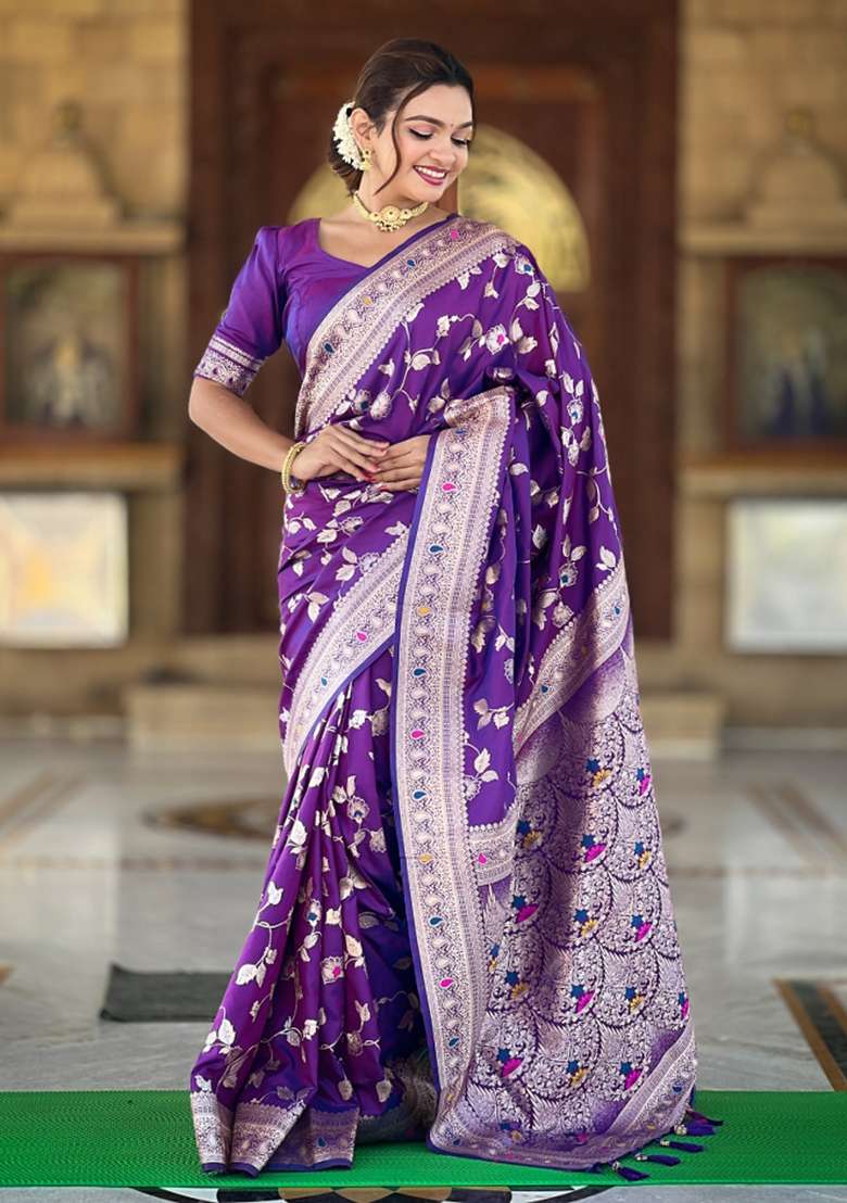 Purple Weaving Silk Saree Set for Diwali | Wedding & Festive Wear - Indya