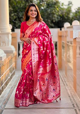 Rani Pink Weaving Silk Saree Set