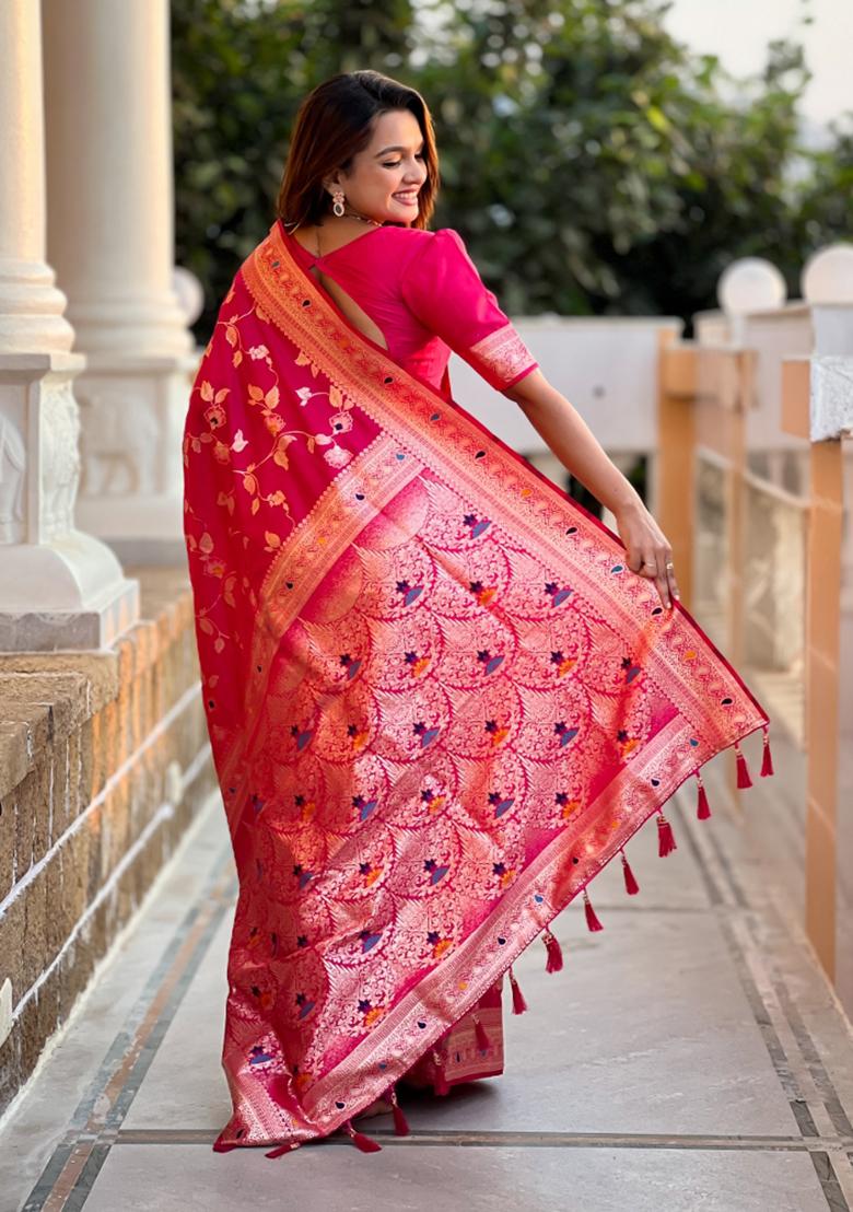Rani Pink Weaving Silk Saree Set