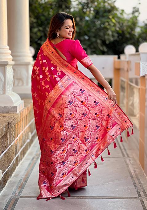 Rani Pink Weaving Silk Saree Set
