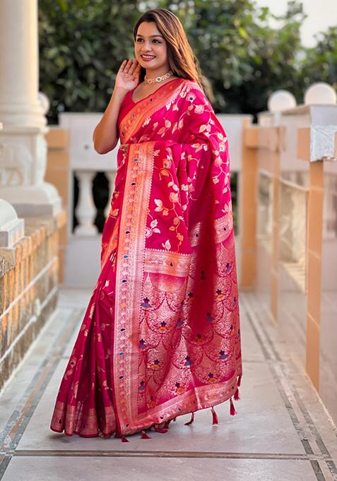Rani Pink Weaving Silk Saree Set
