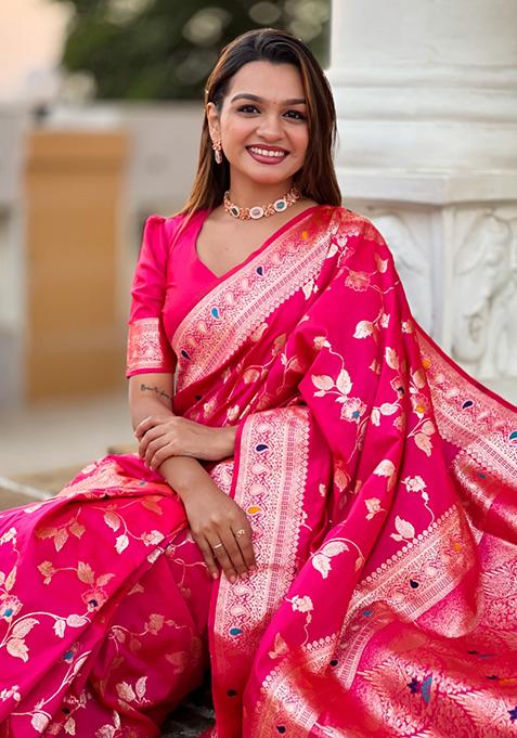 Rani Pink Weaving Silk Saree Set
