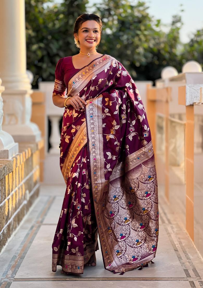 Wine Weaving Silk Saree Set