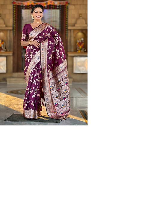 Wine Weaving Silk Saree Set