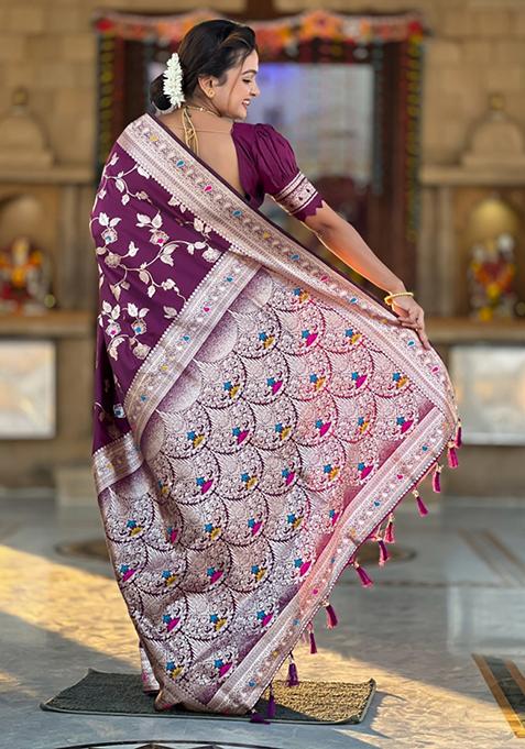 Wine Weaving Silk Saree Set
