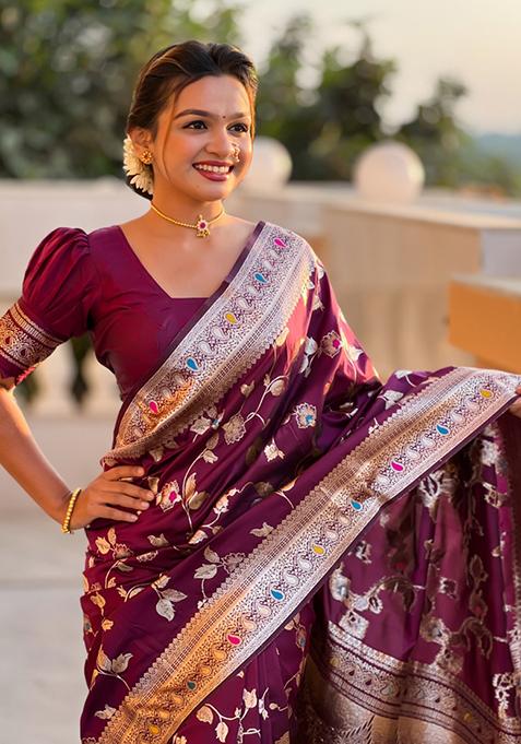Wine Weaving Silk Saree Set