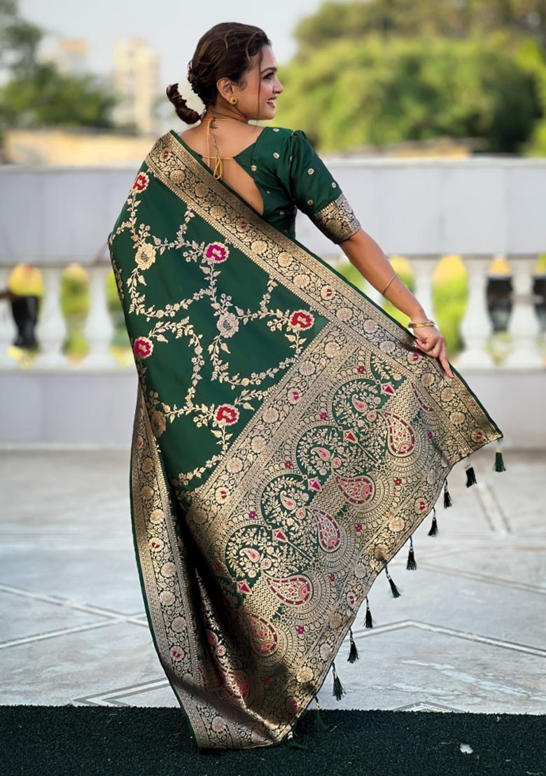 Dark Green Weaving Silk Saree Set - Indya