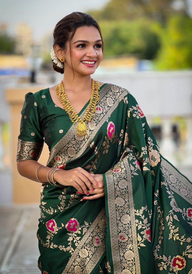 Dark Green Weaving Silk Saree Set - Indya