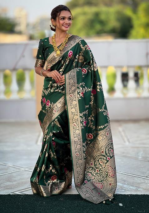 Dark Green Weaving Silk Saree Set