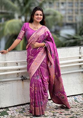 Rani Pink Weaving Silk Saree Set