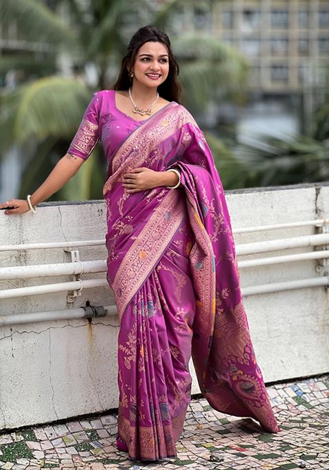Rani Pink Weaving Silk Saree Set