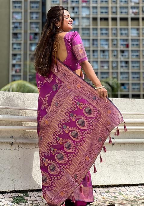 Rani Pink Weaving Silk Saree Set