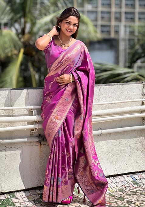 Rani Pink Weaving Silk Saree Set