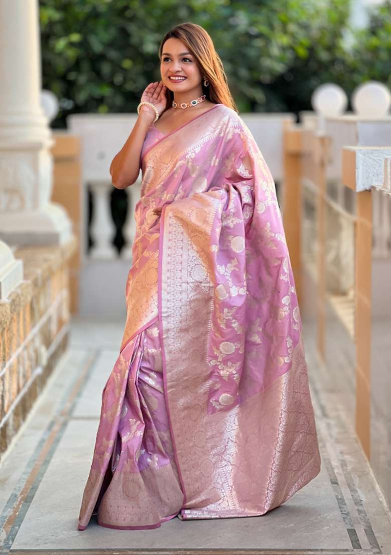 Lavender Weaving Silk Saree Set for Diwali and Festive Wear - Indya