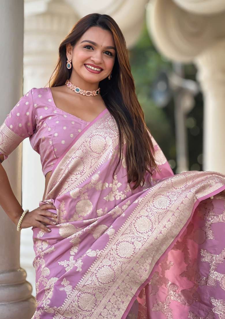 Lavender Weaving Silk Saree Set for Diwali and Festive Wear - Indya