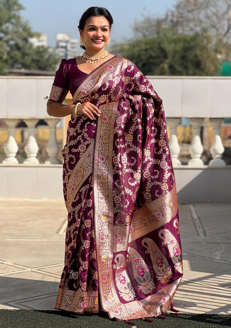Wine Weaving Silk Saree Set
