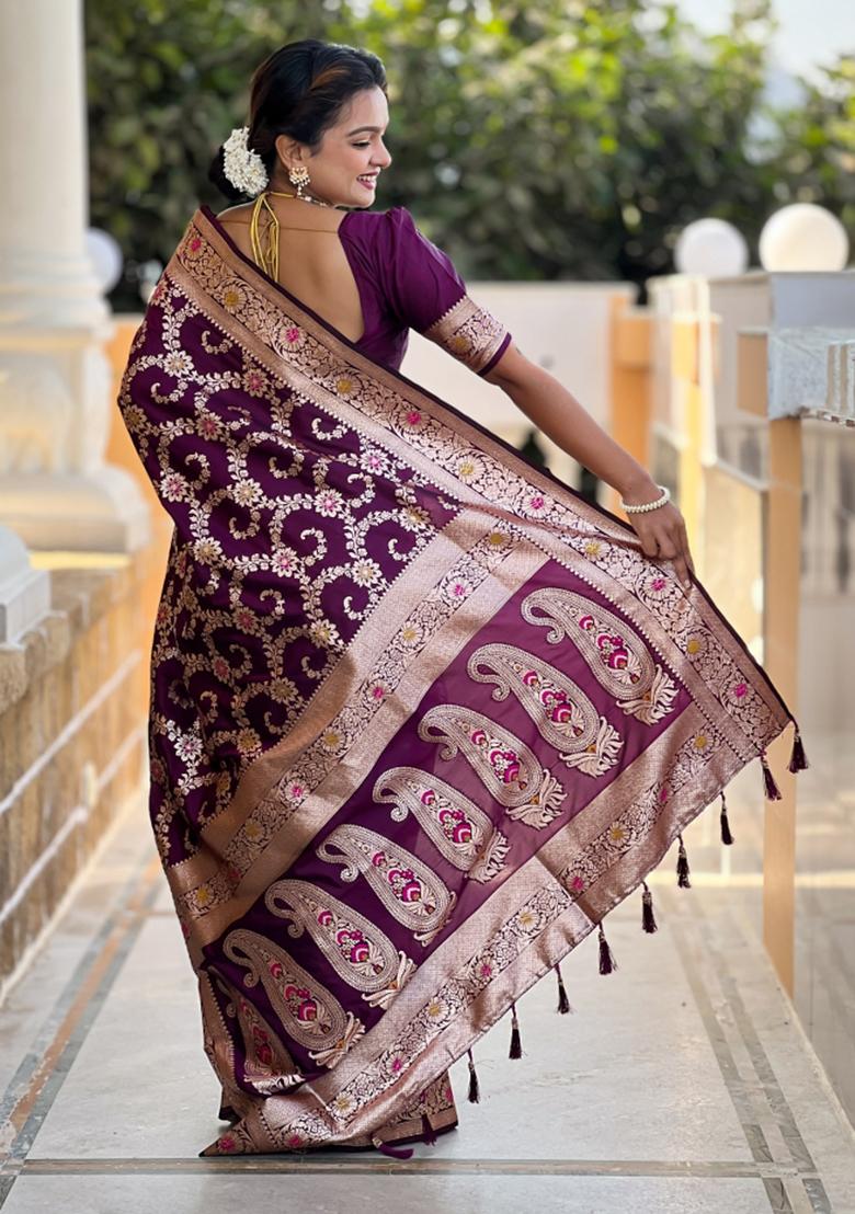 Wine Weaving Silk Saree Set