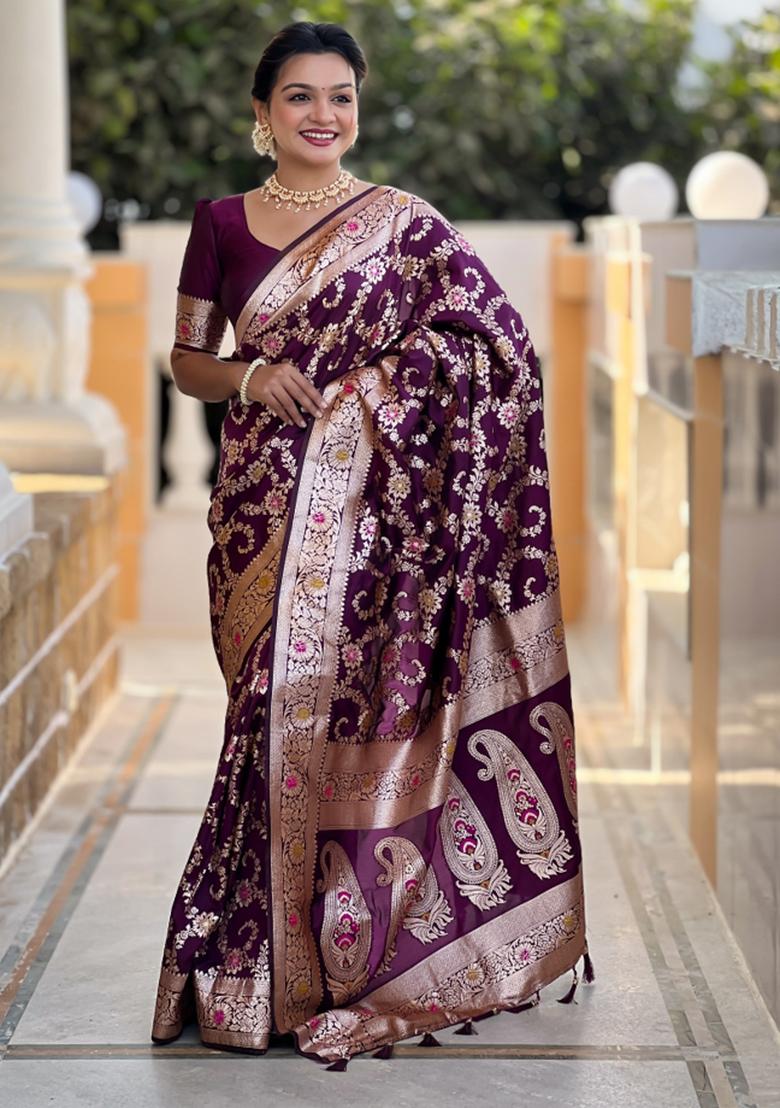 Wine Weaving Silk Saree Set