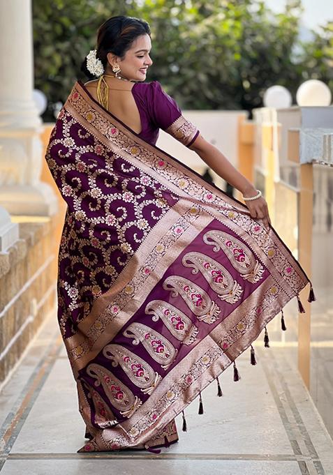 Wine Weaving Silk Saree Set