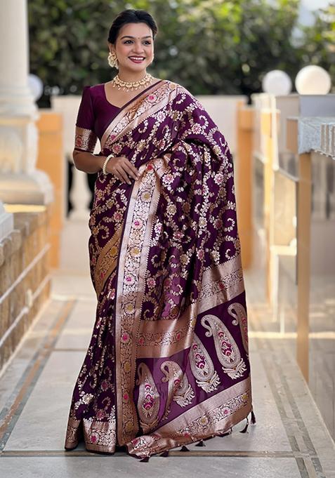 Wine Weaving Silk Saree Set