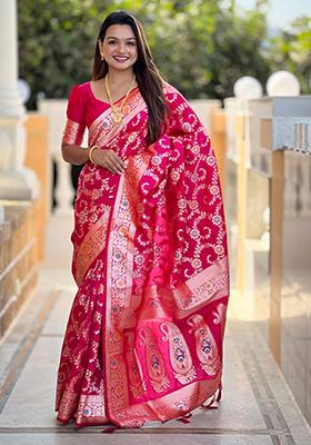 Rani Pink Weaving Silk Saree Set