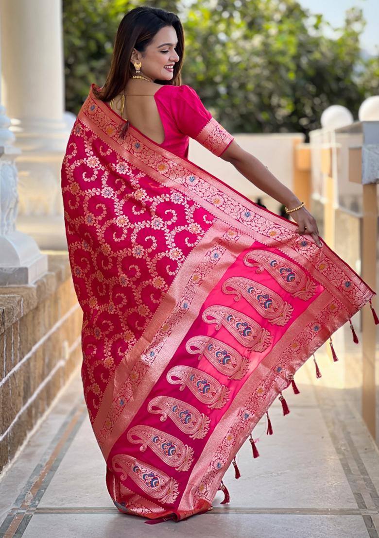 Rani Pink Weaving Silk Saree Set