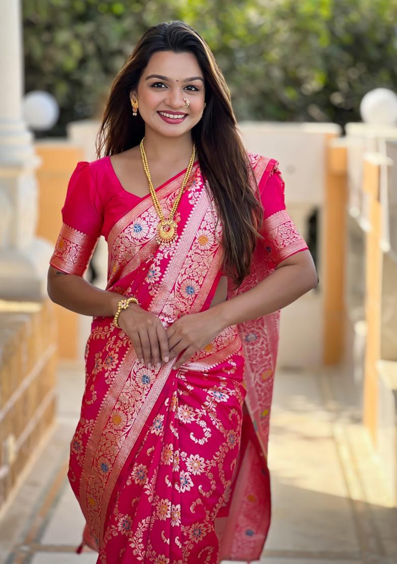 Rani Pink Weaving Silk Saree Set