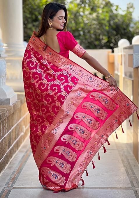 Rani Pink Weaving Silk Saree Set