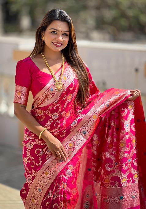 Rani Pink Weaving Silk Saree Set
