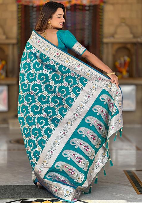 Rama Green Weaving Silk Saree Set