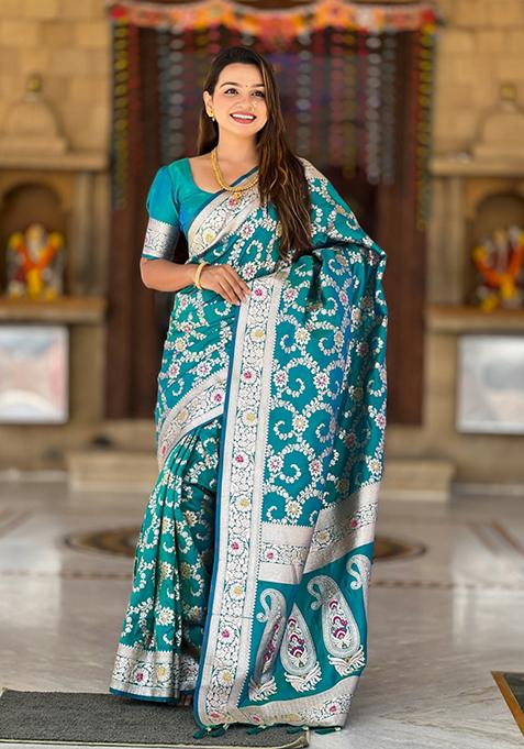 Rama Green Weaving Silk Saree Set