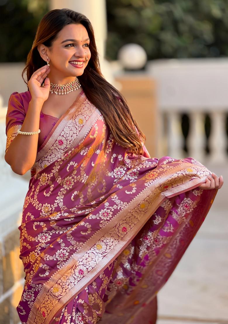 Onion Pink Weaving Silk Saree Set - Indya