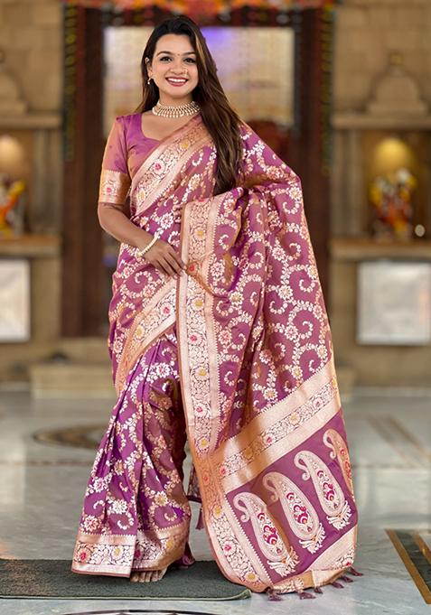 Onion Pink Weaving Silk Saree Set
