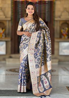 Grey Weaving Silk Saree Set