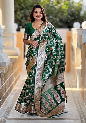 Green Weaving Silk Saree Set