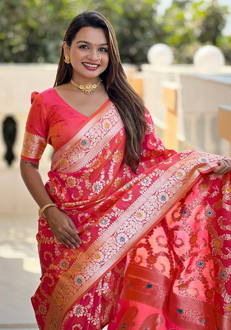 Gajri Pink Weaving Silk Saree Set