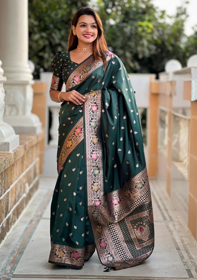 Bottle Green Weaving Silk Saree Set