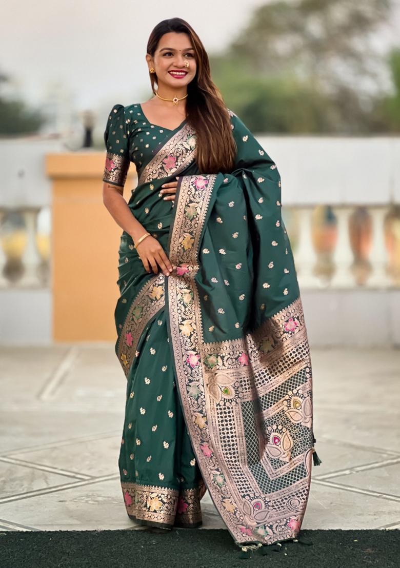 Bottle Green Weaving Silk Saree Set