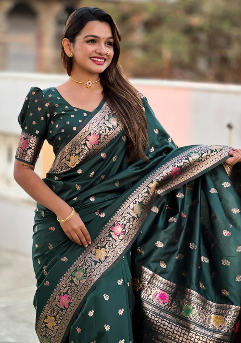 Bottle Green Weaving Silk Saree Set - Indya