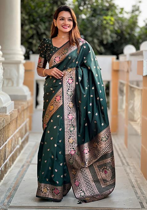 Bottle Green Weaving Silk Saree Set