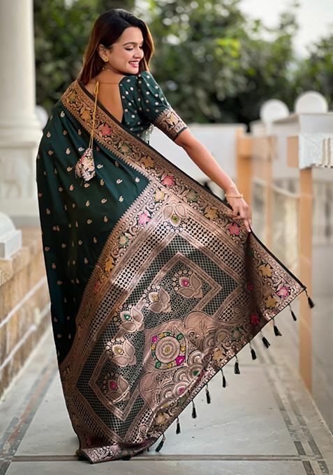 Bottle Green Weaving Silk Saree Set