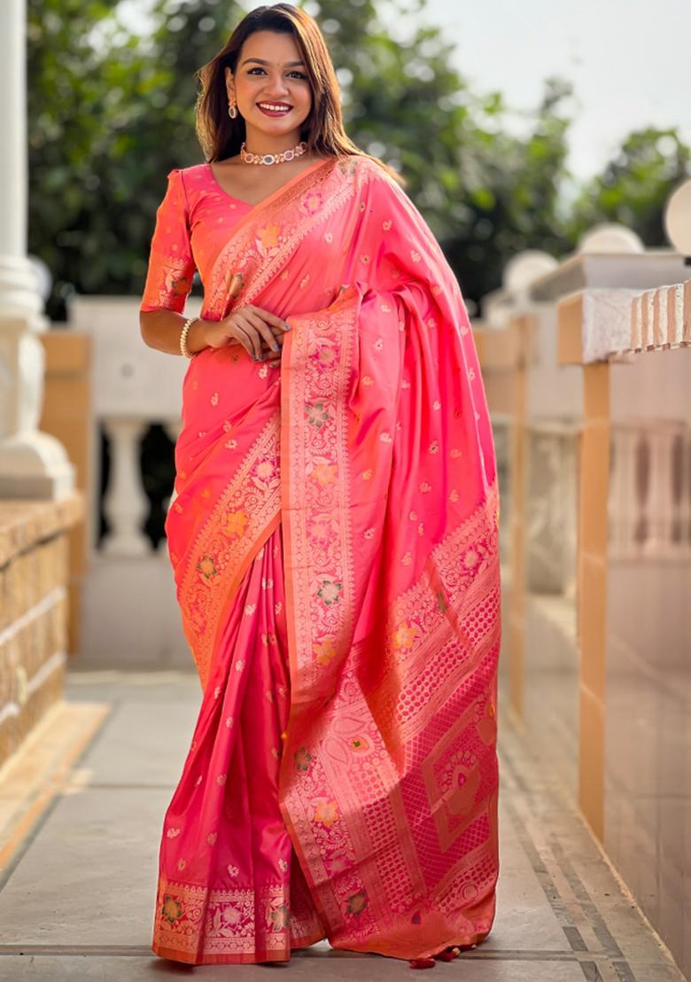Gajri Pink Weaving Silk Saree Set
