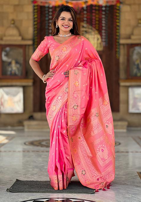 Gajri Pink Weaving Silk Saree Set