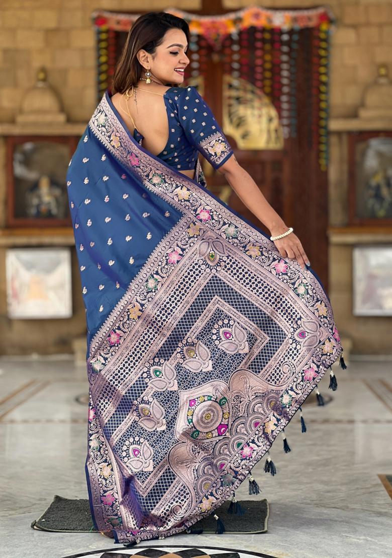 Morpeach Blue Weaving Silk Saree Set
